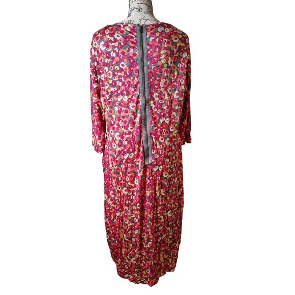 Boden 14 Large Pink Orange Gray Flower Dress Long Sleeve Rouched Neckline Modest - Picture 2 of 5